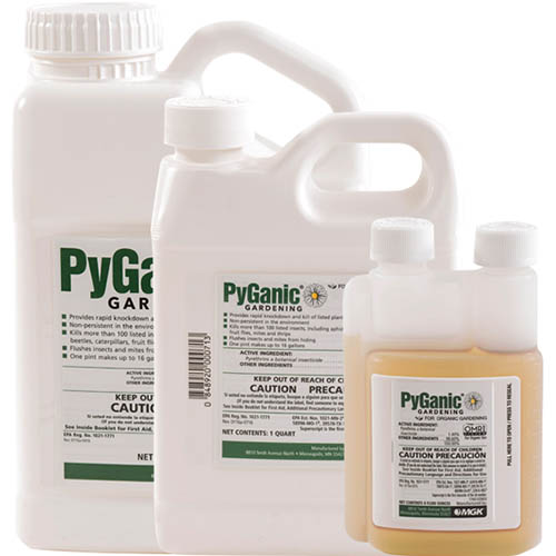 A close up of three different plastic containers of PyGanic permethrin-based insecticide.