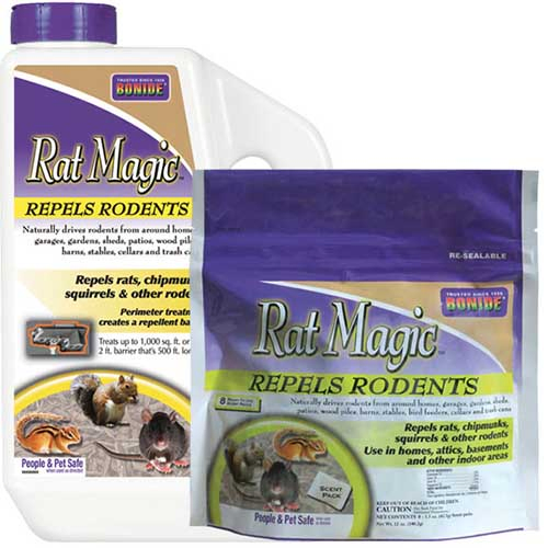 A close up square image of the packaging of Rat Magic rodent repellent on a white background.