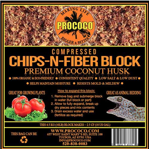 A close up square image of the packaging of Prococo Chips-N-Fiber Premium Coconut Husk Block.