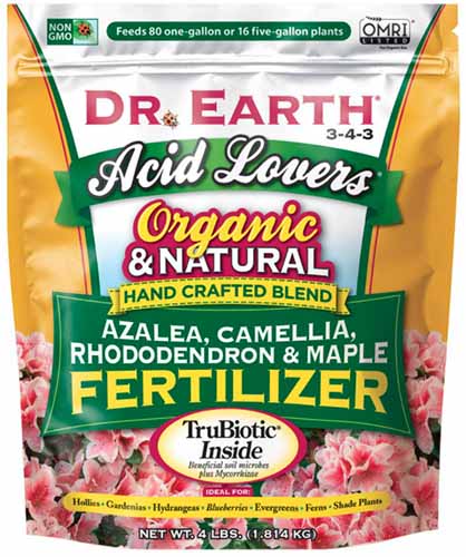 A close up square image of the packaging of Dr Earth Fertilizer for acid loving plants.
