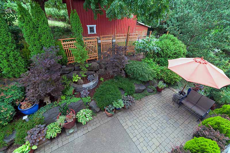 A horizontal image taken from overhead of a patio scene with a large variety of different shrubs planted in pots and containers.
