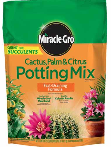 A close up vertical image of the packaging of Miracle-Gro Cactus, Palm, and Citrus Potting Mix pictured on a white background.