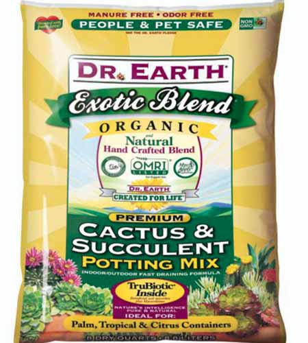 A close up of the packaging of Dr. Earth Organic Cactus and Succulent Mix pictured on a white background.