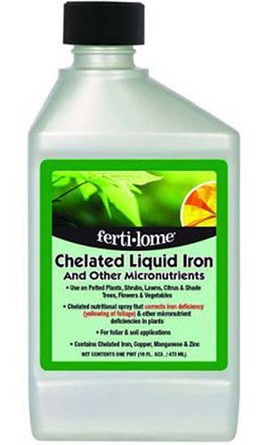 A close up vertical image of a bottle of Chelated Liquid Iron pictured on a white background.