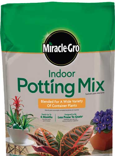 A close up vertical image of the packaging of Miracle-Gro Indoor Potting Mix pictured on a white background.
