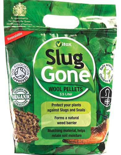 A close up square image of the packaging of Slug Gone Wool Pellets to deter snails in the garden, pictured on a white background.