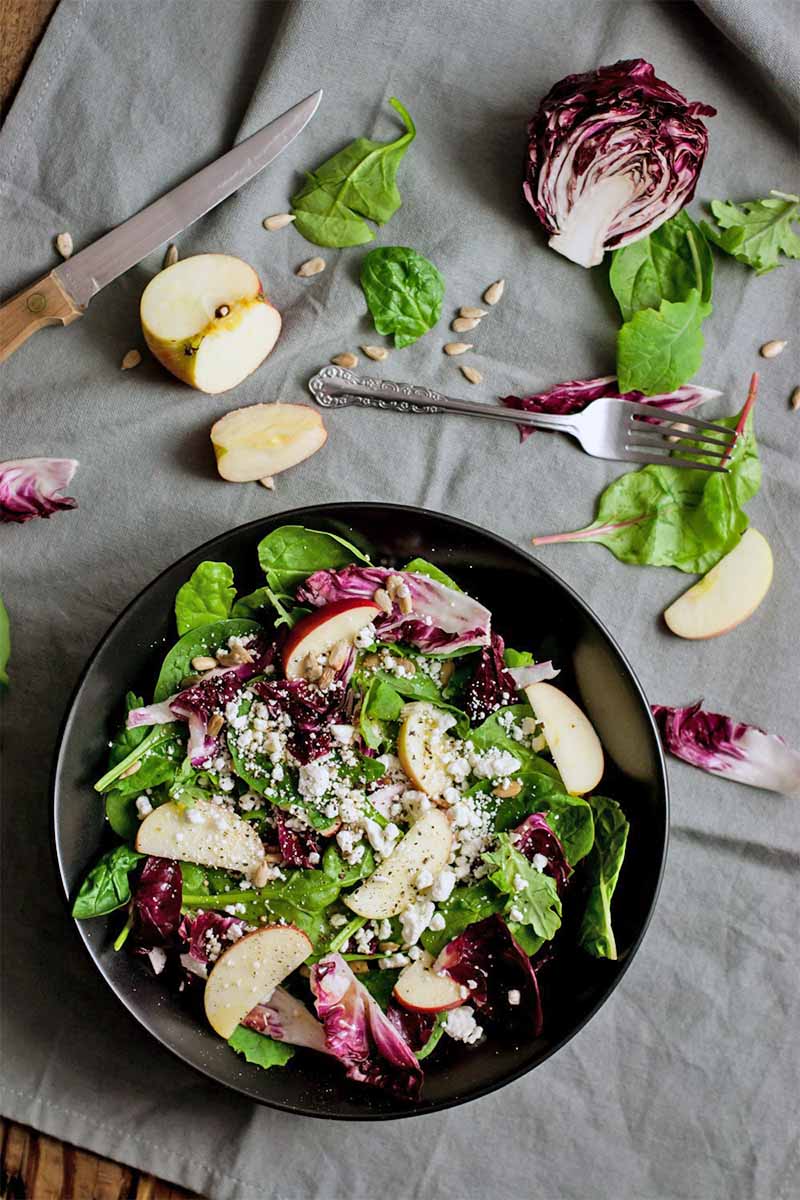 A close up vertical image of a black bowl of apple, radicchio, and spinach salad set on a gray cloth.