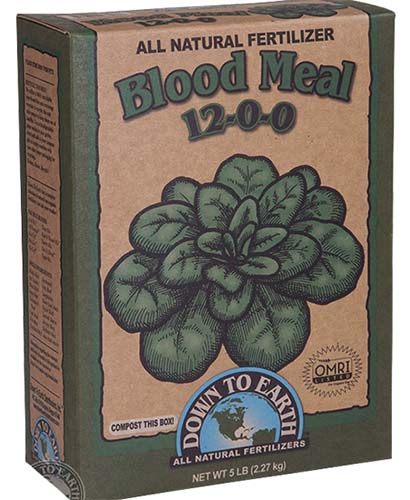 A close up vertical image of the packaging of Down to Earth Blood Meal on a white background.