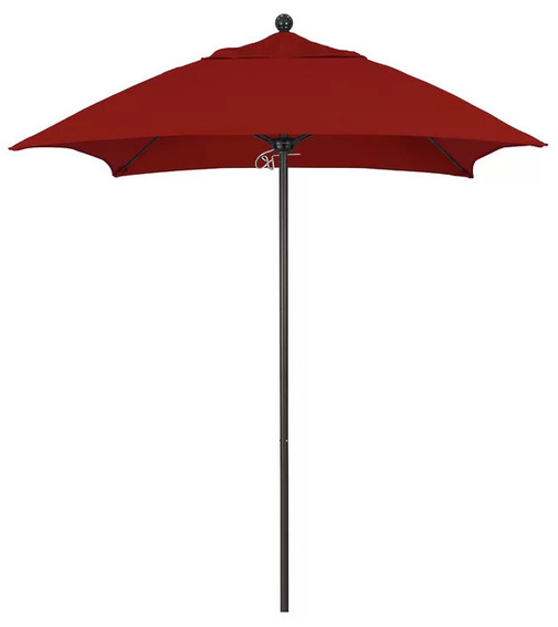 Hibo 72 Inch Square Market Sunbrella Umbrella in Jockey Red with Bronze Pole on a while isolated background.