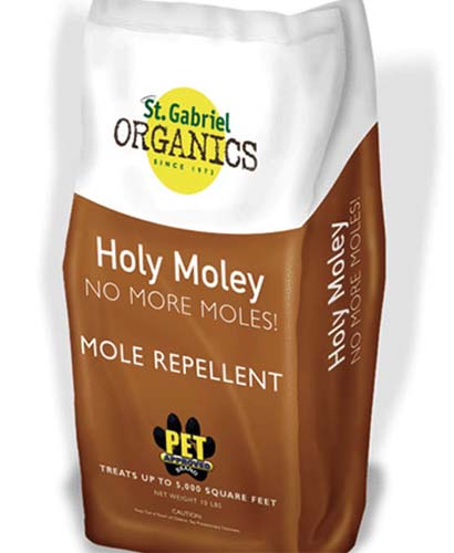 A close up vertical image of a plastic bag of St Gabriel Organics Holy Moly Mole Repellent on a white background.