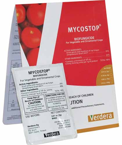 A close up square image of the packaging of Mycostop Biofungicide pictured on a white background.