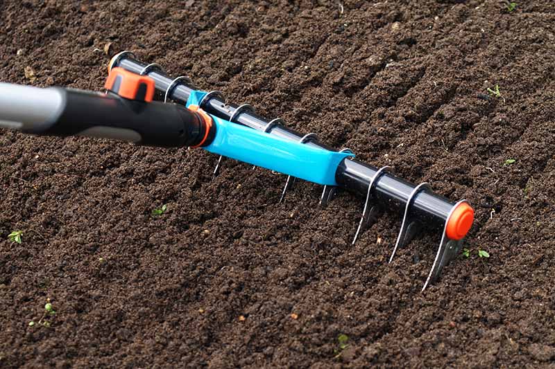 A close up horizontal image of a garden rake leveling out the soil prior to planting seeds.