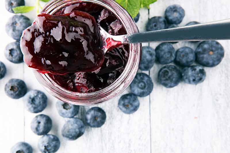 A top down horizontal image of a glass jar of homemade jam with blueberries scattered on the wooden surface around it.