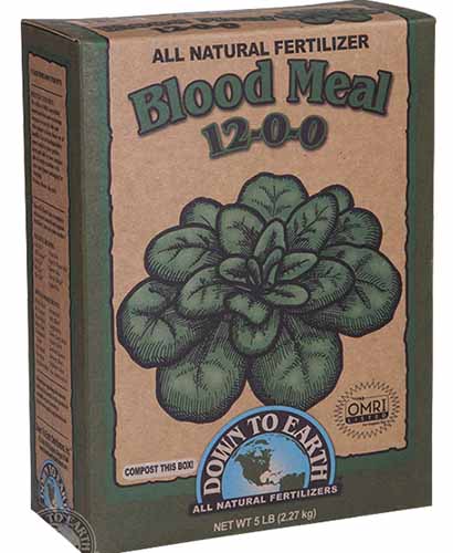 A close up vertical image of the packaging of Down to Earth Blood Meal isolated on a white background.
