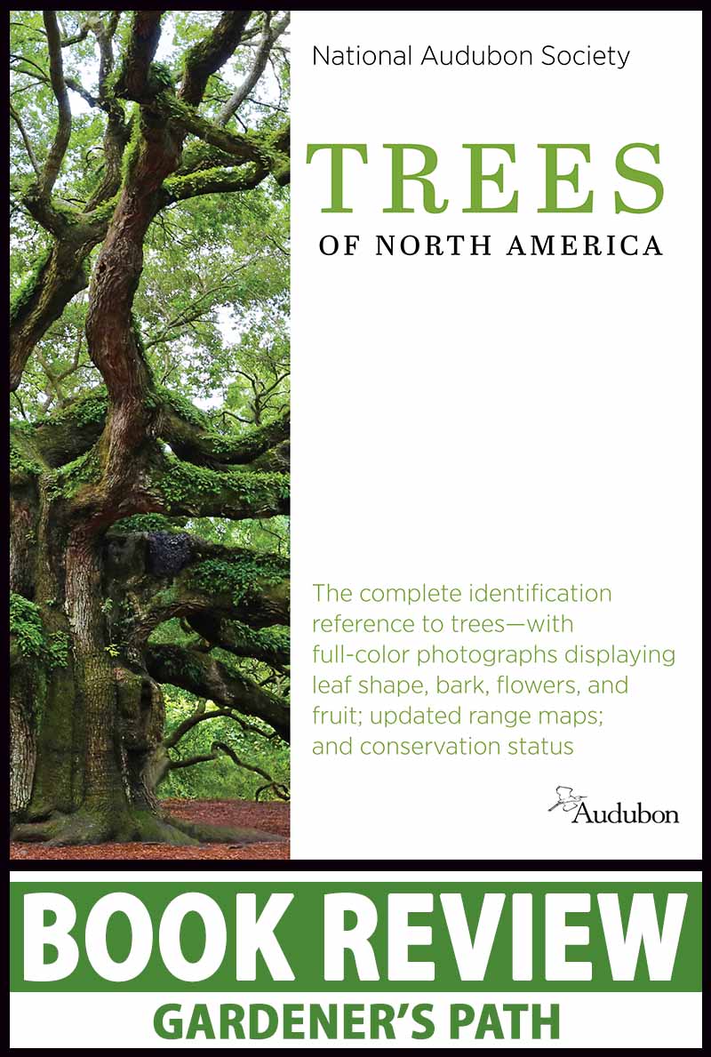 A close up vertical image of the cover of National Audubon Trees of North America book cover. To the bottom of the frame is green and white printed text.
