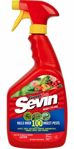 A close up vertical image of the packaging of Sevin's Ready to Use garden spray isolated on a white background.