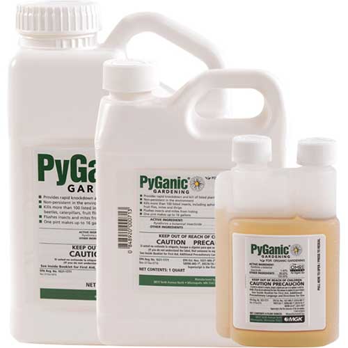 A close up square image of three different sized bottles of PyGanic Gardening pictured on a white background.