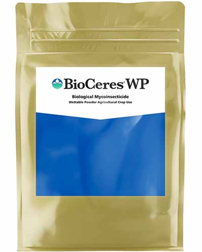 A close up vertical image of the packaging of BioCeres WP a biological mycoinsecticide, isolated on a white background.