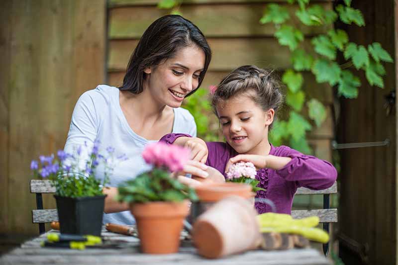 A close up horizontal image of a mother and child repotting plants on a wooden table.