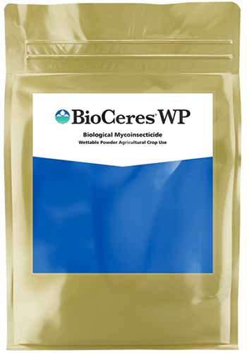 A close up vertical image of the packaging of BioCeres WP Biological Mycoinsecticide isolated on a white background.
