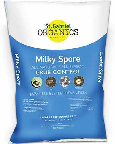 A close up vertical image of the packaging of St Gabriel Organics Milky Spore Grub Control isolated on a white background.
