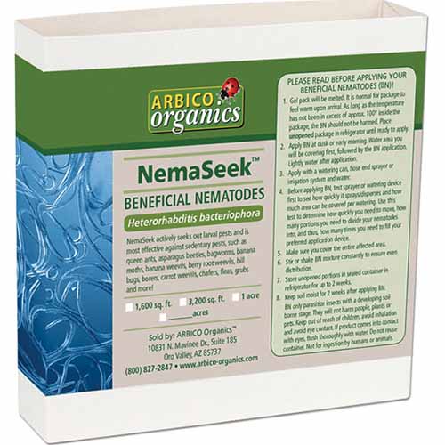 A close up square image of a packet of NemaSeek Beneficial Nematodes isolated on a white background.