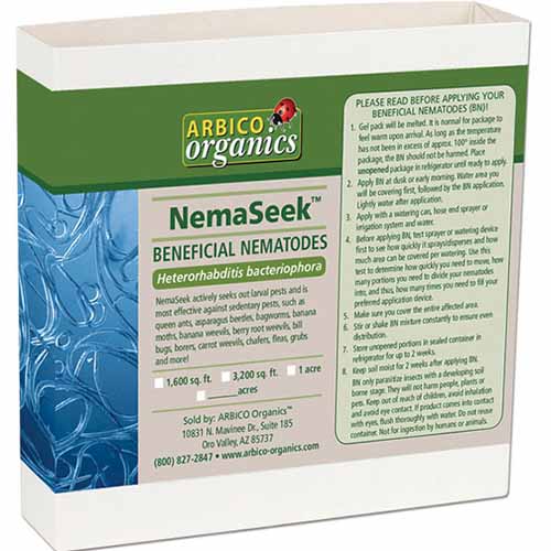A close up square image of the packaging of NemaSeek Beneficial Nematodes isolated on a white background.