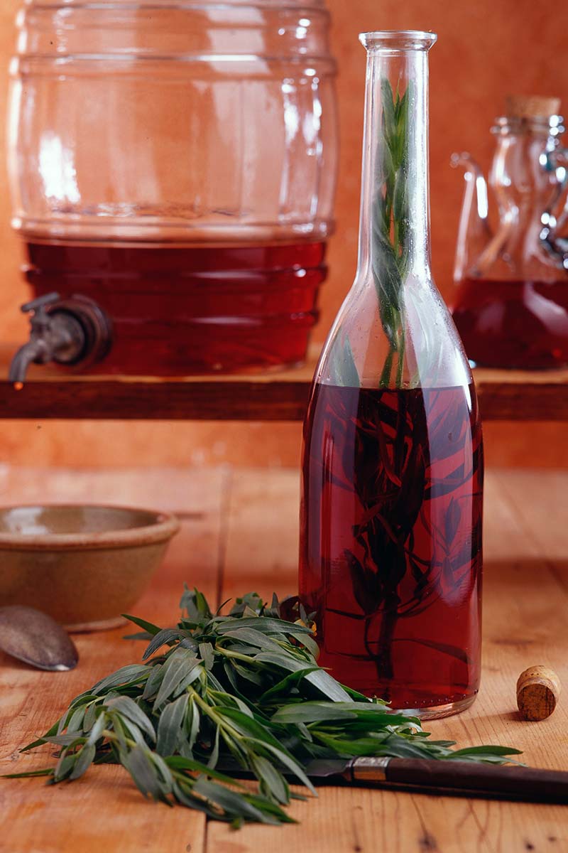 A close up vertical image of a bottle of tarragon vinegar set on a wooden surface with fresh herbs to the side.