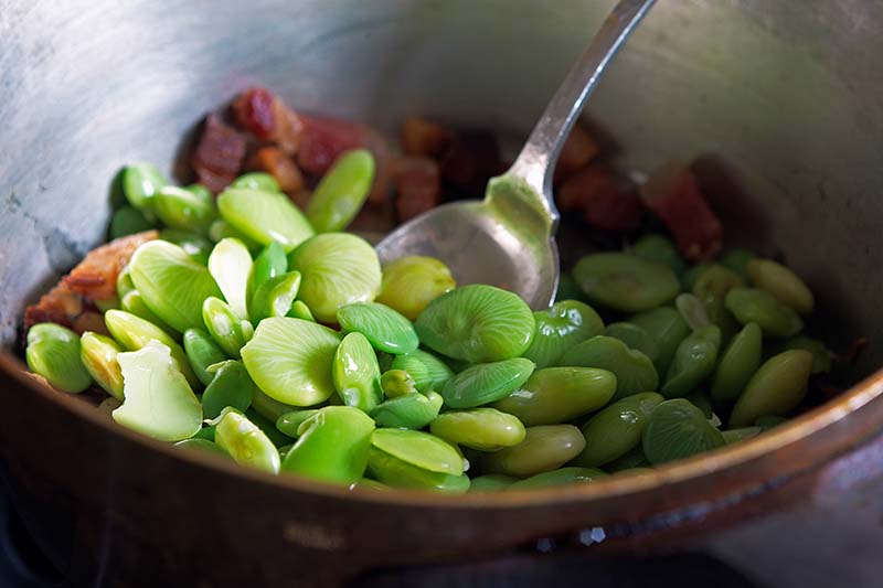 A close up horizontal image of a metal dish with lima beans and bacon.