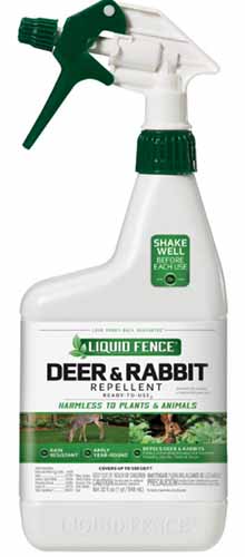 A close up vertical image of a spray bottle of Liquid Fence Deer and Rabbit repellent isolated on a white background.