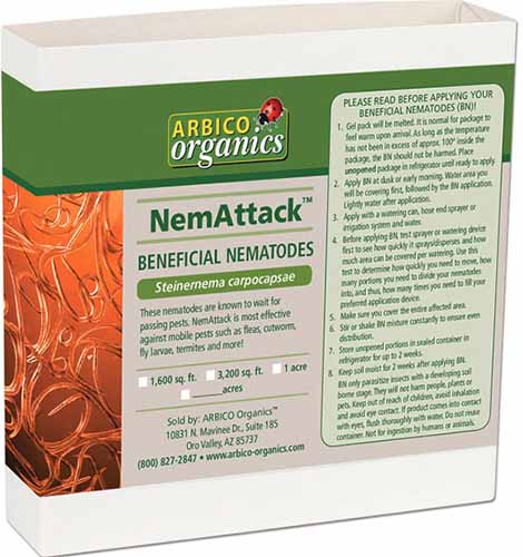 A close up square image of the packaging of NemAttack beneficial nematodes isolated on a white background.