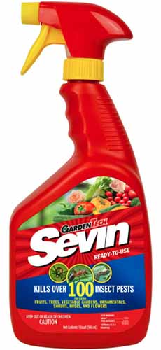A close up vertical image of a bottle of Sevin Insecticide isolated on a white background.