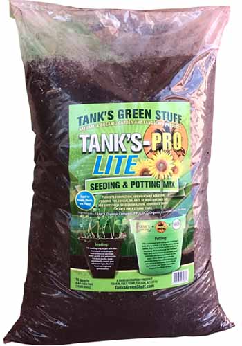 A close up square image of a bag of Tank's-Pro Lite Seeding and Potting Mix isolated on a white background.