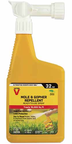 A close up vertical image of a spray bottle of Mole and Gopher Repellent isolated on a white background.
