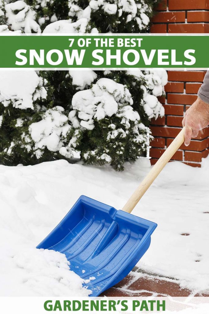 A close up vertical image of a hand from the right of the frame holding the wooden handle of a blue shovel moving snow from a brick surface. To the top and bottom of the frame is green and white printed text.