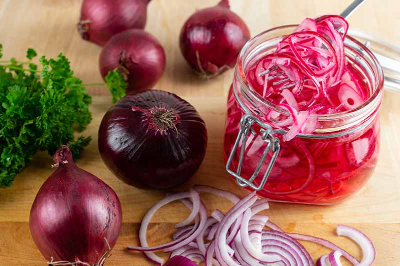 A close up horizontal image of red onions and parsley set on a wooden surface with a jar of pickles next to them.