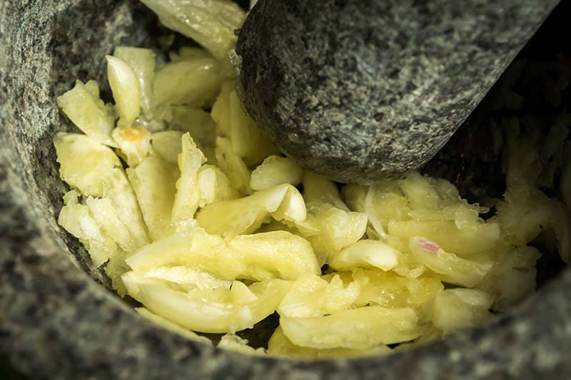 A close up horizontal image of garlic cloves being crushed in a pestle and mortar.