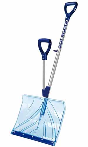 A close up vertical image of the Snow Joe Shovelution Strain-Reducing shovel isolated on a white background.