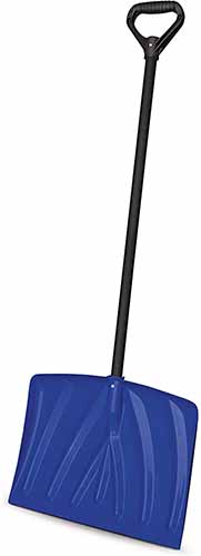 A close up vertical image of a Suncast SN1000 snow shovel with a black handle and a navy blade isolated on a white background.