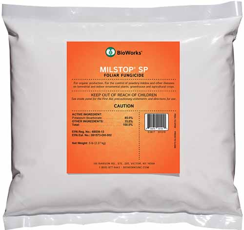 A close up square image of a packaging of BioWorks Milstop SP Foliar Fungicide isolated on a white background.