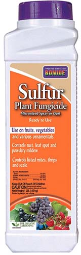 A close up vertical image of a bottle of Bonide Sulfur Plant Fungicide isolated on a white background.
