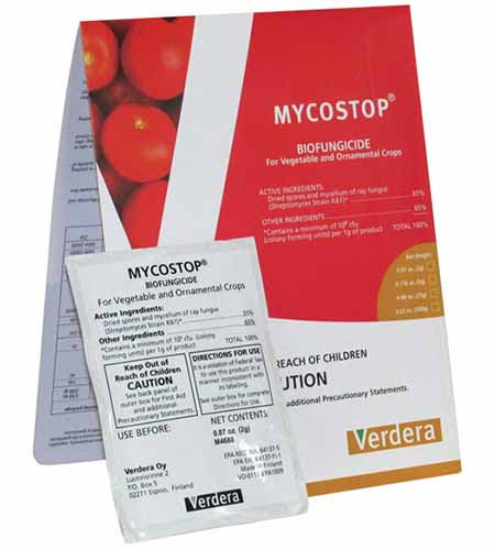 A close up square image of the packaging of Mycostop biofungicide isolated on a white background.