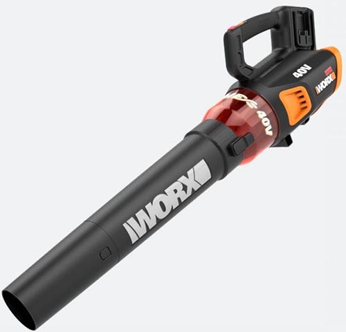 A close up square image of a Worx WG584 40V Power Share Turbine Cordless Leaf Blower isolated on a white background.