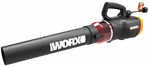 A close up horizontal image of the Worx WG520 Turbine Corded Blower isolated on a white background.