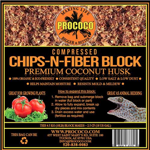 A close up square image of the packaging of Prococo Compressed Premium Coconut Husk isolated on a white background.