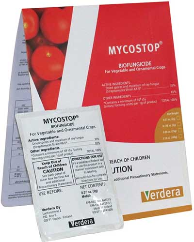 A close up square image of the packaging of Mycostop biofungicide isolated on a white backgrounds.