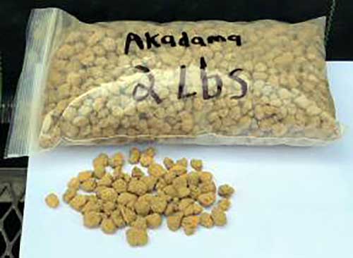 A close up horizontal image of a bag filled with akadama substrate.