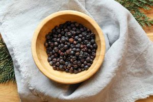 A close up horizontal image of a bowl filled with freshly harvested juniper berries set on a cloth on a wooden surface.
