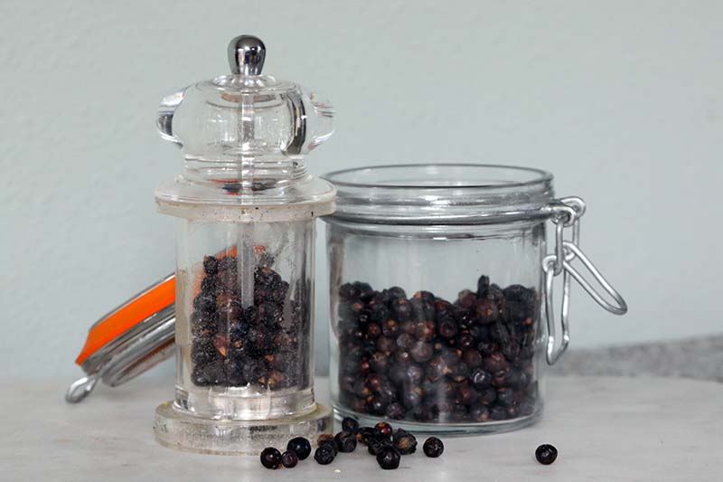 A close up horizontal image of a jar and pepper grinder filled with berries set on a white surface.