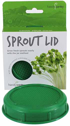 A close up vertical image of the packaging of a plastic sprout lid isolated on a white background.
